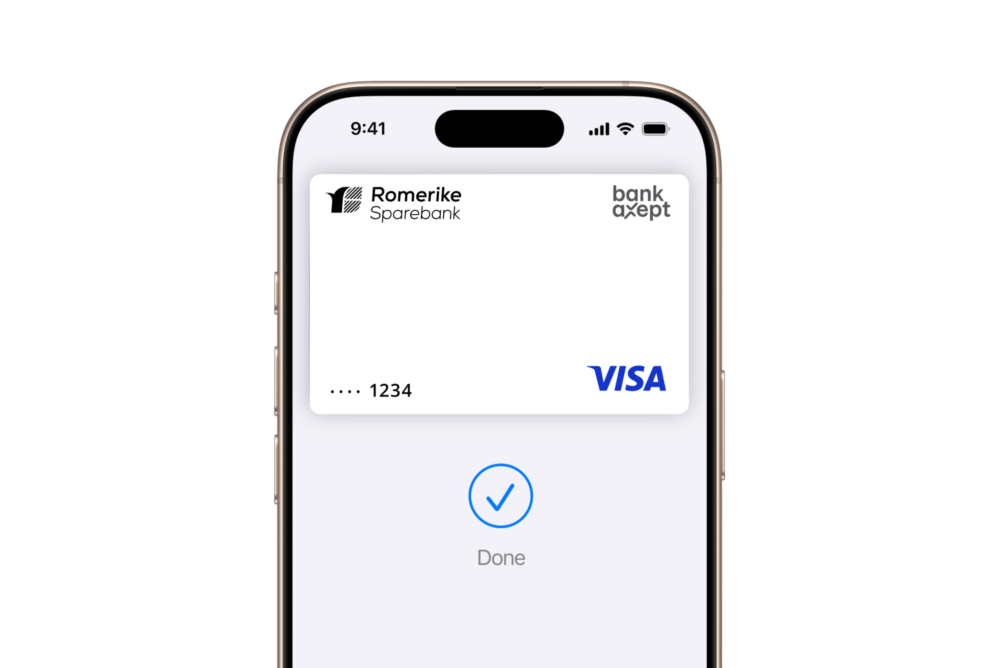 IPhone viser et digitalt betalingskort med bekreftelse 'Done'.